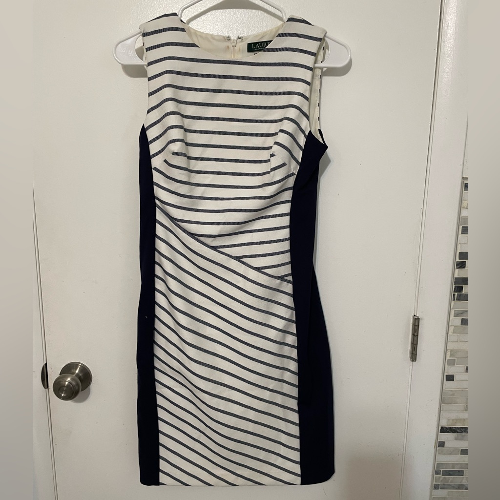 Lauren Ralph Lauren Asymmetrical Navy Blue White Stripes Sleeveless Dress 4p